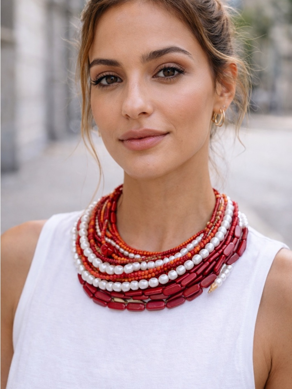 Zara Layered Red and White Beaded Statement Necklace
